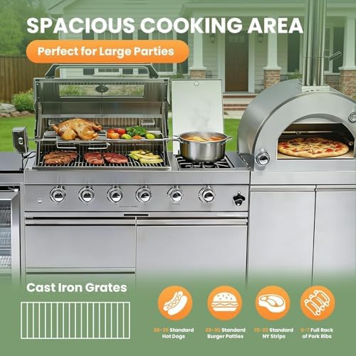 125" Outdoor Kitchen Island,Stainless Steel Propane BBQ Grill with with Standalone Side Burner Pizza Oven, Rotisserie, Refrigerator, Granite Countertop, Storage Cabinets Drawers 108000 BTU. - Image 3