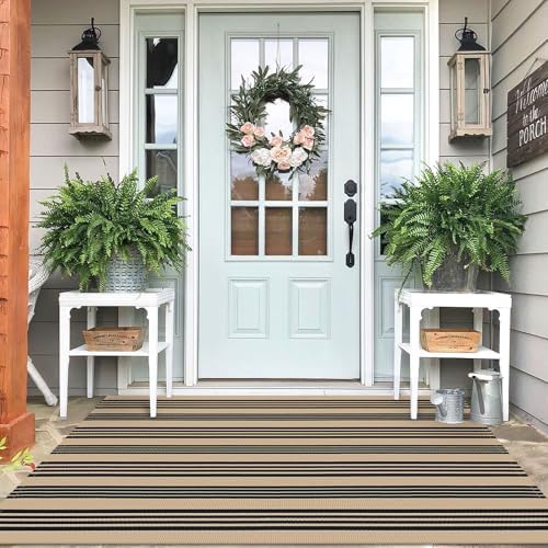 IOHOUZE 4x6 Striped Indoor Outdoor Rug, Washable Front Porch, Black Tan by iOhouze