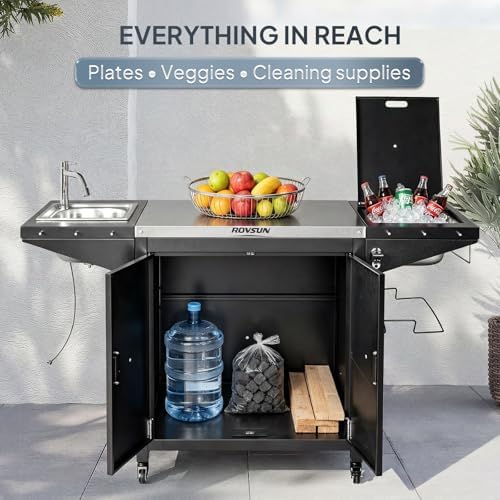 ROVSUN Outdoor Grill Cart with Sink, 304 Stainless Steel Sink with Chilly Bin Cooler, Rolling Kitchen Prep Island with Cabinet, Bottle Opener, Rubbish Rack, Patio, Gardens, Backyards - Image 7