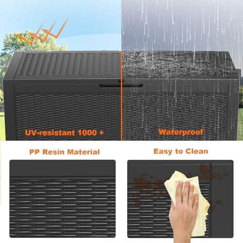 DRATO 120 Gallon Deck Boxes Outdoor Waterproof, Resin Large Lockable Storage Box with Lid, Outdoor Storage Bench Patio Cushions Furniture, Garden Tools, Pool Accessories (Black, 120 Gallon) - Image 3