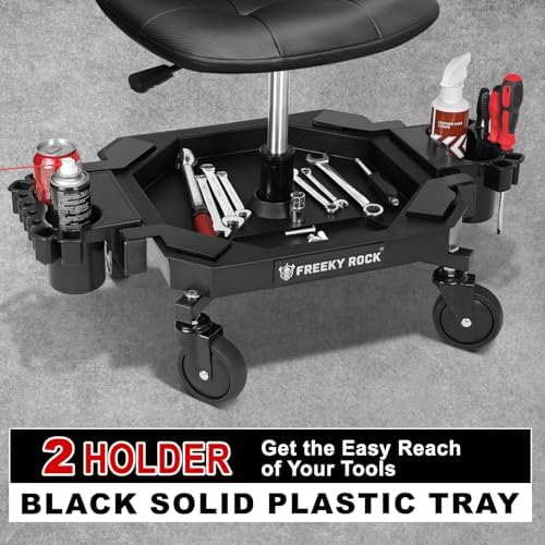 Rolling Stool with Wheels, Adjustable Height Pneumatic Garage Work Mechanic Stool Seat with Backrest, 400 LBS Capacity 360° Swivel Mechanic Crepper Chair with Tool Tray Storage, Black - Image 5