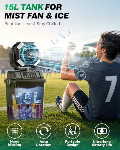 40000mAh Misting Fans for Outside, 15L Portable Outdoor Cooling Fan with Auto Oscillation, LED Light, Timer, Rechargeable Battery Powered Mister Fan for Camping, Beach, Patio - Image 2