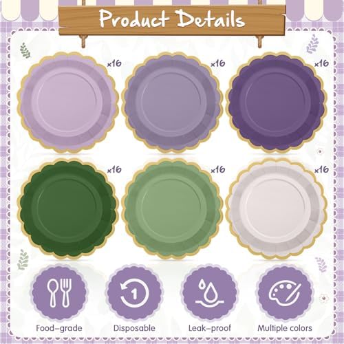 96 Pcs Sage Green Purple Paper Plates 9 Inch Scalloped - Image 3
