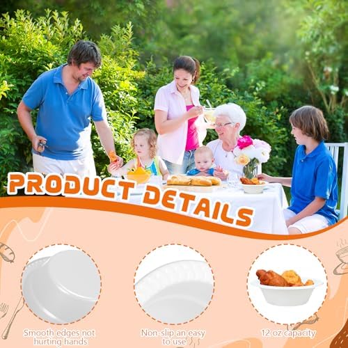 24 Pack 12 oz Disposable Plastic Bowls Dessert, Ice Cream, Salad, Soup Serving Cups for Party, Picnic, Food Snacks (White) - Image 3
