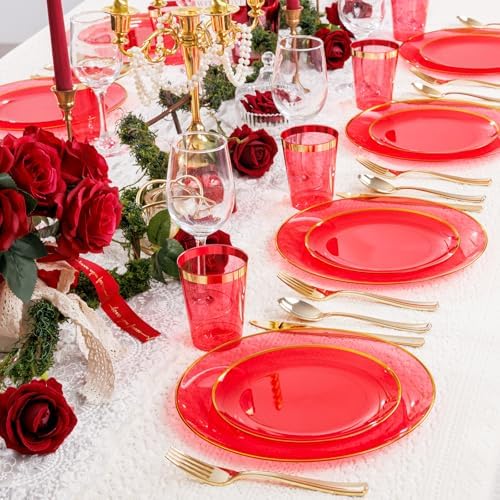 LIYH 180 Pcs Clear Red Plastic Plates Disposable - Red Dinnerware Set, Include Red and Gold Plates, Dinner Plate, Dessert Plate, Gold Plastic Silverware for Birthday Party - Image 7