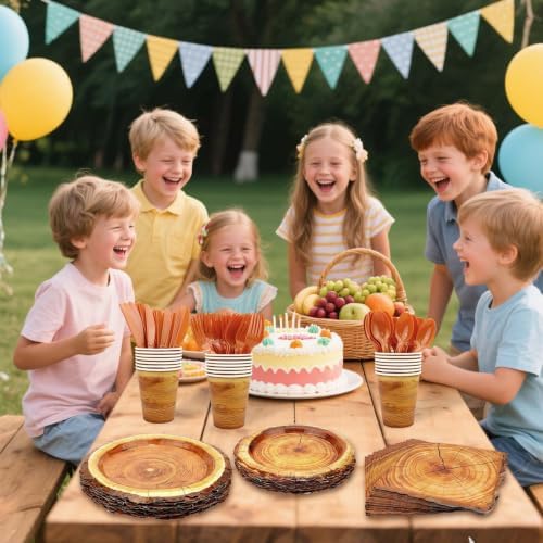 175 Pieces Camping Wood Grain Slice Tableware Set Rustic Wood Party Decorations Plates Napkins Cups Knives Fork Spoon for Hunting Birthday Party Decorations Serve 25 Guests - Image 4