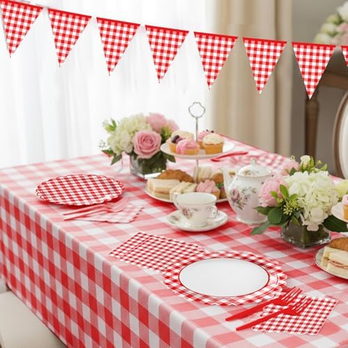102 PCS Red Gingham Party Supplies - Christmas Scalloped Plates, Napkins, Forks, Banner, Gingham Tablecloth for Baby Shower, Birthday, Picnic Party Decorations, Serves 25 - Image 7