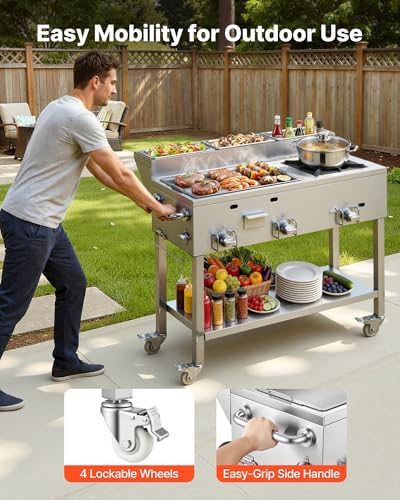 VEVOR Outdoor Propane Griddle, 3 Burners (11,600 BTU Each), Commercial Stainless Steel Griddle with Three 1/3 Size Food Pans, Portable Cart with Wheels & Gas Stove, for Hot Dogs, Burgers & Meats - Image 5