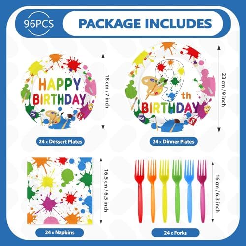 96 Colorful Art Paint 9th Birthday Party Supplies Serves 24 - Image 5
