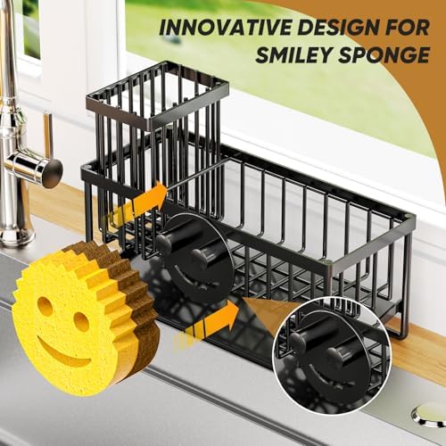 Sponge Holder for Kitchen Sink,Smiley Face Sink Caddy with Removable Brush Holder,Self-Draining Sponge Caddy for Sponge,Soap,Dish Brush,Scrubber,Kitchen Essentials and Gadgets - Image 3