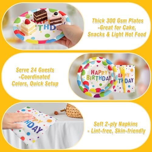 144 Pcs Birthday Party Tableware Set for 24 Guests, Heavy-Duty 7" & 9" Paper Plates, Cups, 2-Ply 13" Napkins & Plastic Forks, Disposable Rainbow Confetti "Happy Birthday" Party Supplies - Image 6