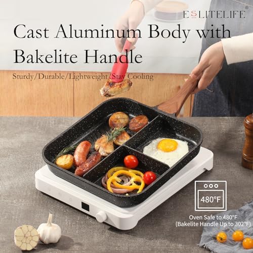 ESLITE LIFE Nonstick Divided Grill Pan with Lid & Tongs for Stove Tops, 11 Inch Versatile 3-In-1 Breakfast Pan, Square Big Grilling Steak Pan for Indoor & Outdoor Cooking, PTFE & PFOA Free, Black - Image 5