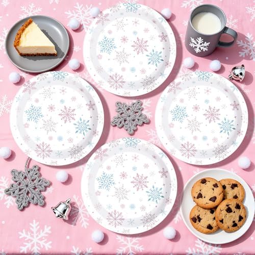 50Pcs Frozen Snowflake Party Decorations 9 Inch Disposable Winter Snowflake Wonderland Paper Plates Pink Blue Snow Wonderland Dessert Plates for Girls Xmas Baby Shower Holiday Birthday Party Supplies - Image 5