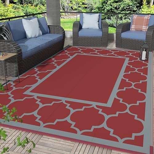 GENIMO Outdoor Rug, Waterproof Plastic Rugs for Patio, 6'x9' Red Grey by GENIMO