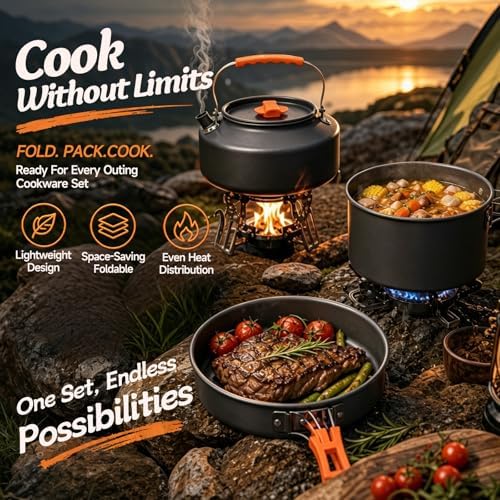 Camping Cookware, 10-Piece Non-Stick Foldable Mess Kit with Kettle - Image 5