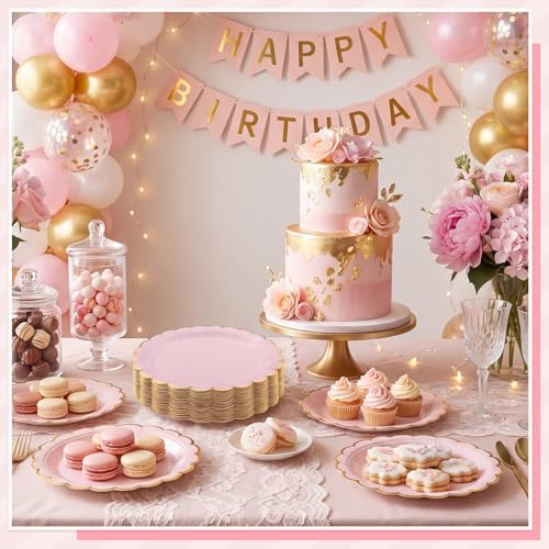 NatNarr 30 Pk Pink Gold Plates 9" Disposable Scalloped Pink Paper Plates - Image 6
