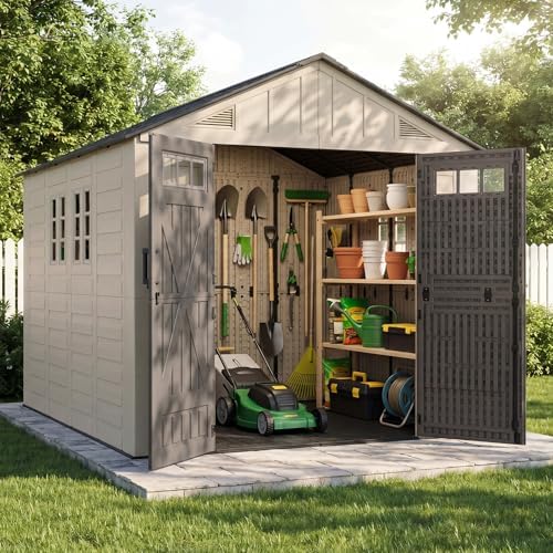 Aoxun 8x10 Ft Outdoor Storage Shed with Floor, Large Resin Outdoor Shed with Lockable Door & Windows, Garden HDPE Sheds for Lawn Tools, Pool Supplies & Bikes by Aoxun