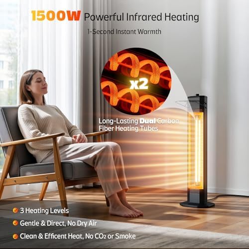 Outdoor Electric Patio Heater, 34-inch 1500W Infrared Tower Heater with Instant Heating, Tip-Over & Overheat Protection, IPX5 Waterproof Space Heater for Patio Garage Workshop Indoor & Outdoor Use - Image 2