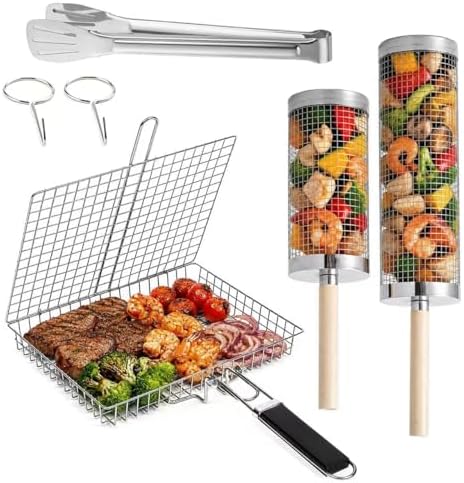 2 PCS Rolling Grill Basket with Wooden Handle and Fish Grill Basket by Unknown