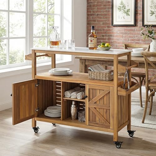 Christopher Knight Home Shina Outdoor Bar Cart with Marble-Effect Top + Lockable Wheels, Acacia Wood Outdoor Storage Cabinet with Open Shelves and 2 Doors, Kitchen Island Serving Cart, Natural - Image 7