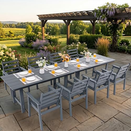 10-Piece Outdoor Dining Set, All-Weather HDPE Patio Furniture, Two 66.5" Slatted Table with 1.6" Umbrella Hole & 8 Ergonomic Armchairs, Heavy Duty 350lbs Capacity, UV Resistant, Gray by Unknown