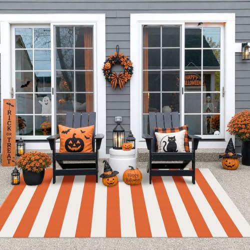IOHOUZE Fall Striped Outdoor Rug 4x6, Washable Porch, Orange White - Image 4