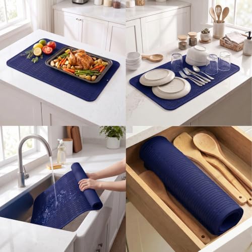 MicoYang Silicone Dish Drying Mat for Multiple Usage,Easy clean,Eco-friendly,Heat-resistant Silicone Mat for Kitchen Counter or Sink,Refrigerator or Drawer Liner Navy Blue 4XL 32 inches x 18 inches - Image 4