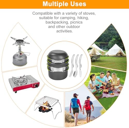 Camping Cookware Mess Kit Backpacking Pot Gear Camping Cooking Pots and Pans Set Camp Kitchen Equipment Accessories Green - Image 6