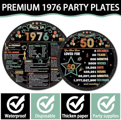 96Pcs 50th Birthday Party Paper Plates and Napkins 50th Birthday Supplies for Men and Women Disposable Dessert Plates Back in 1976 Colorful Tableware 1976 Birthday Gatherings Decorations - Image 3