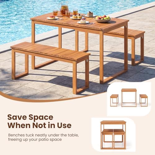 Tangkula 3 Pieces Patio Wooden Dining Set, Acacia Wood Rectangular Picnic Beer Table with 2 Benches for 4 People, Outdoor Dinner Furniture Set for Backyard, Garden and Poolside - Image 5