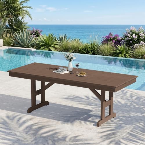 KINGYES Outdoor Dining Table,84'' HDPE Patio Table with Umbrella Hole,Brown by KINGYES