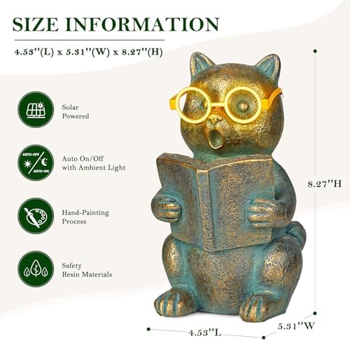 Solar Reading Cat Decor with Light-Up Glasses Patina Garden Statues - Image 4
