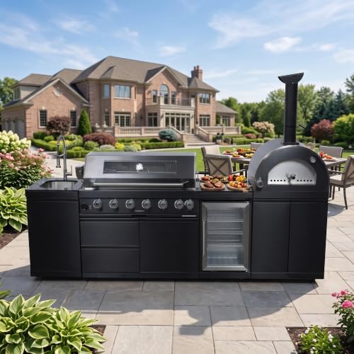 109" Black Outdoor Kitchen Island 6-Burner Propane Grill Pizza Oven Fridge by Dvasovio