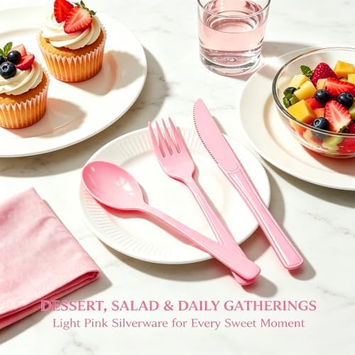 75 Pack Light Pink Heavy Duty Plastic Silverware Set, Disposable Knives, Forks & Spoons, 25 Sets for Birthday, Baby Shower, Camping, Picnic & Party - Image 5