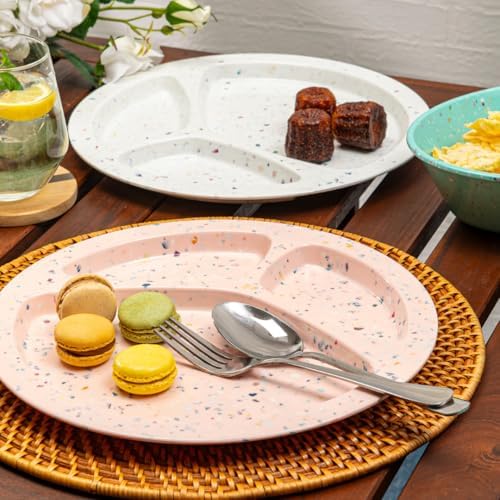 bzyoo 11-Inch Divided Plates Set of 2, 100% Melamine Portion Control Plates for Adults & Kids, Modern Confetti Pattern, BPA-Free & Dishwasher Safe, Ideal for Camping, RV, and Daily Use (Pink) - Image 3