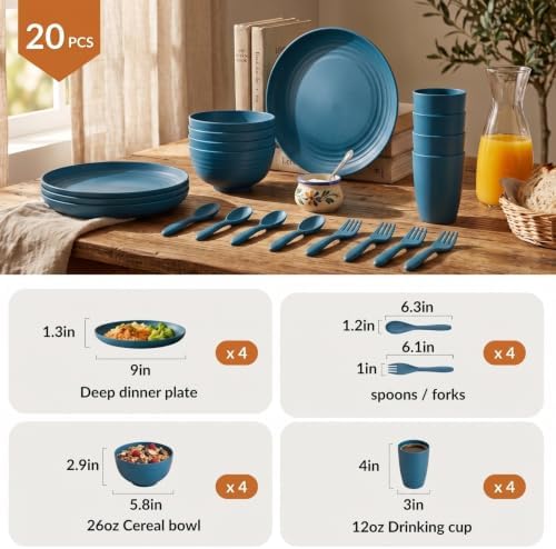 Wheat Straw Dinnerware Sets, Homienly 20pcs Unbreakable Microwave Dishwasher Safe Tableware Lightweight Bowls, Cups, Plates Set Reusable Dinner Plates Bowls set (Blue) - Image 2