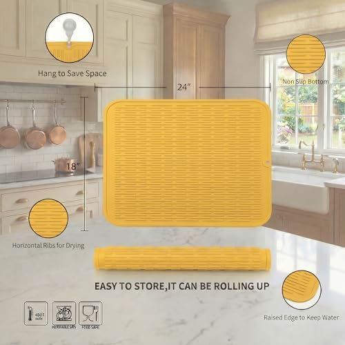 MicoYang Silicone Dish Drying Mat for Multiple Usage,Easy clean,Eco-friendly,Heat-resistant Silicone Mat for Kitchen Counter or Sink,Refrigerator or Drawer Liner Yellow 2XL 24 inches x 18 inches - Image 2