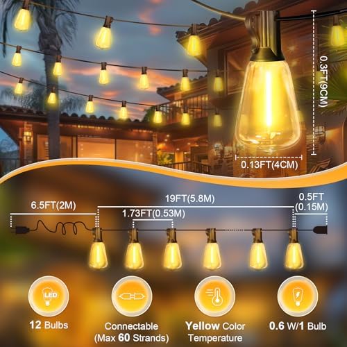 LAMPHOME 2-Pack 26Ft ST38 Outdoor String Lights, Warm Yellow Edison LED Patio Light with 12+1 Shatterproof Bulbs, Waterproof for Bistro Christmas Party Garden Decor - Image 2
