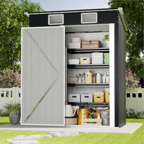 5x3 FT Outdoor Storage Shed, Weatherproof Garden Shed with Lockable Double Doors, Sloped Roof & Ventilation for Backyard, Patio, Poolside by ECOLINEAR