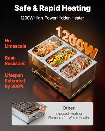 VEVOR 3-Pan Commercial Food Warmer, 24QT Electric Steam Table, 1200W Professional Countertop Stainless Steel Buffet Bain Marie with 86-185°F Temp Control for Catering and Restaurants, Silver - Image 2
