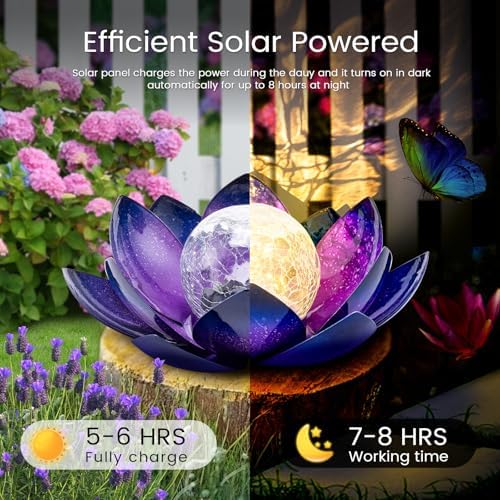 Huaxu Solar Lights Outdoor Decor, Purple Lotus Flower Light, Waterproof LED Crackle Globe Glass Lamp for Garden, Patio, Yard, Porch, Pathway, Ground, Tabletop Gifts for Mom,Women - Image 3