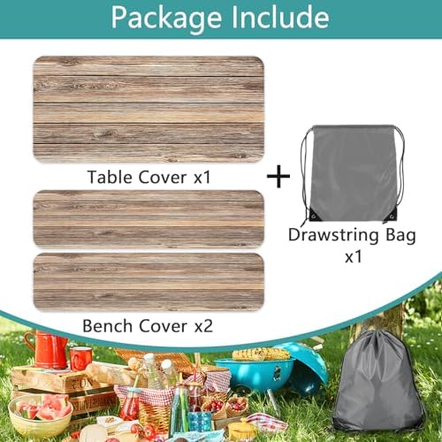 Picnic Table Cover with Bench Covers Camping Essentials Farmhouse Waterproof Windproof Wood Grain Camping Tablecloth Fitted Tablecloth Cover with Elastic Edge for Indoor & Outdoor 3 PCS 30x96 Inch - Image 6