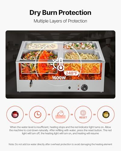 VEVOR Commercial Food Warmer, 1500W Electric Stainless Steel Steam Food Warmer with Lid, 4-Pan Fast Heating Countertop Buffet Bain Marie with Soup & Perforated Ladles, for Catering, Restaurant, Party - Image 5