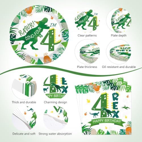 170 Pcs Dinosaur 4th Birthday Party Decorations for Boys Serves 24 - Image 3