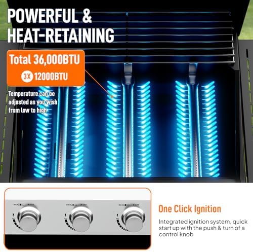 ROVSUN 3 Burner Propane Gas Grill with Foldable Side Shelves, 36000BTU BBQ Grills with Enameled Cast Iron Grates, Cabinet & Poratable Rolling Wheels for Outdoor Garden Patio Backyard Barbecue Cooking - Image 2