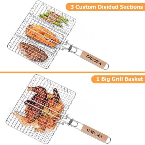 ORDORA Shallow Grill Basket, Fish Grill Basket, Rustproof Stainless Steel BBQ Folding Portable Grilling Rack for Meat, Steak,Vegetables, Grill Accessories - Image 2
