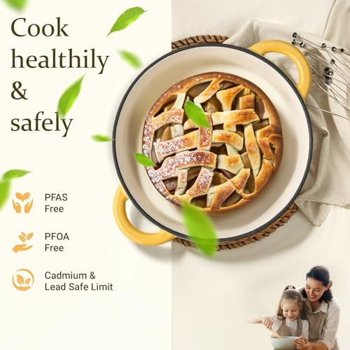 Overmont Enameled Cast Iron Dutch Oven - 7QT Pot with Lid Cookbook & Cotton Potholders - Heavy-Duty Cookware for Braising, Stews, Roasting, Bread Baking GooseYellow - Image 2