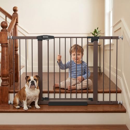 Mumeasy 29.7–51 Inch Extra Wide Baby Gate for Stairs, Extra Long Indoor Dog Gate for Doorways, Pressure Mounted Walk Thru Child Gate with Auto-Close, No-Drill Safety Pet Gate with Door for House,Brown by Mumeasy-FocusonBabyPetSafetyGate