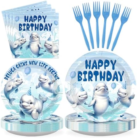 96Pcs Beluga Whale Ocean Birthday Party Decorations, Serves 24 by Greencian