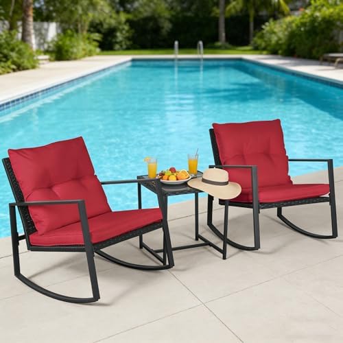 SUNCROWN 3 Piece Outdoor Rocking Bistro Set Black Wicker Furniture Porch Chairs Conversation Sets with Glass Coffee Table, Red - Image 2